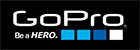 GoPro logo on a black background with white wordmark, blue accent blocks, and the slogan 'Be a HERO.'