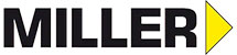 MILLER logo: bold black wordmark with a yellow right-pointing triangle on the right side.