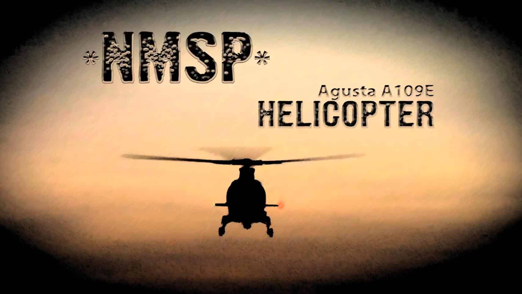 Silhouette of an Agusta A109E helicopter in flight at sunset, with bold 'HMSP' lettering above and 'Agusta A109E HELICOPTER' text nearby.