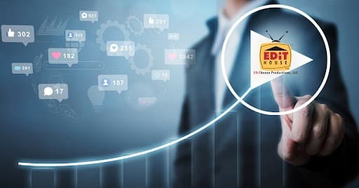 Business professional touches a glowing growth curve with floating social icons and the Edit House logo in a circle.