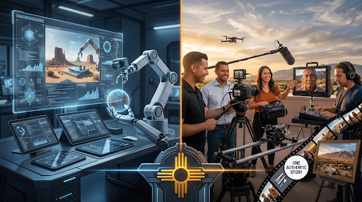 Split image: a high-tech laboratory with holographic displays and robotic arms, and a film set outdoors with cameras and a boom mic.